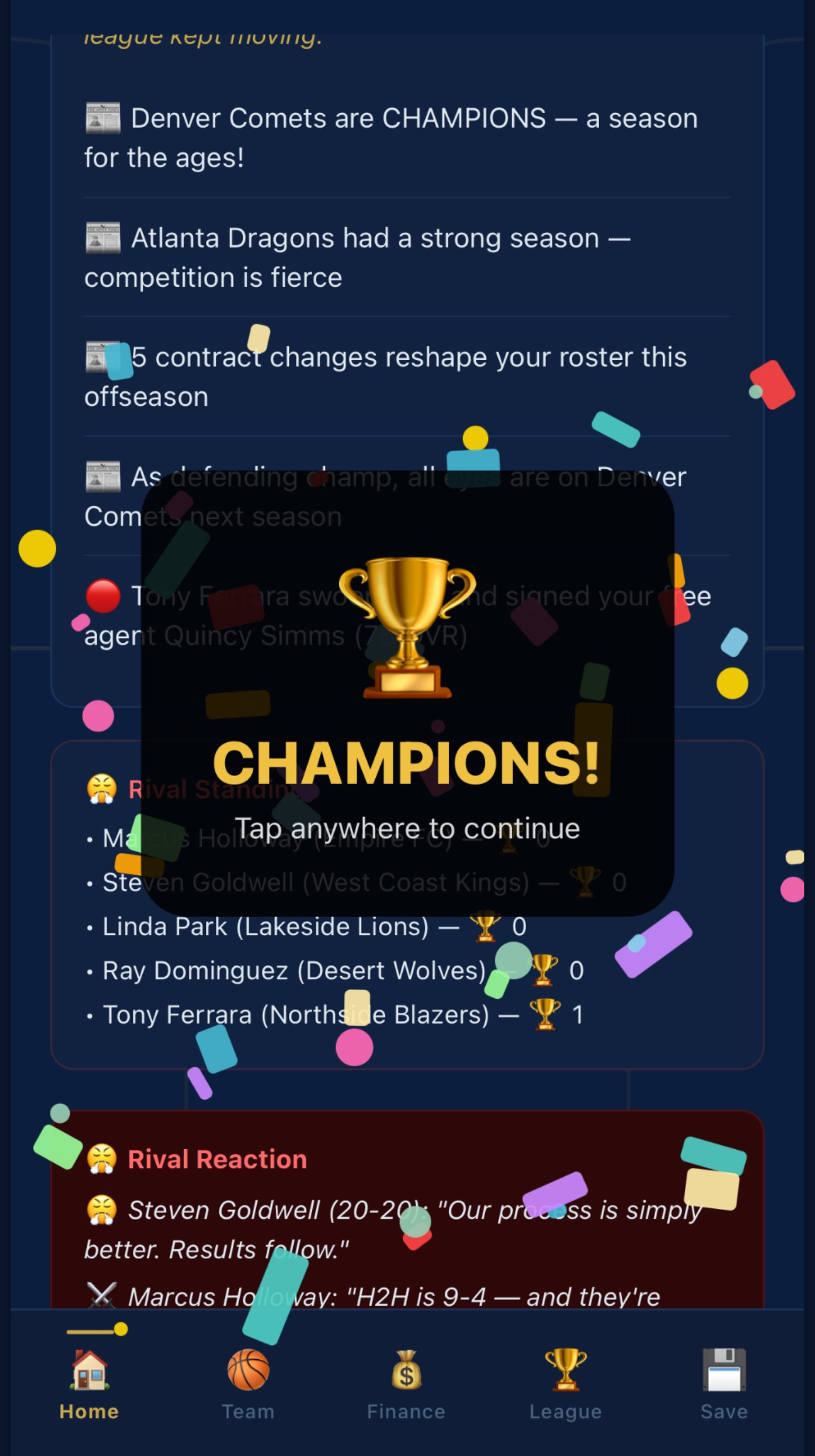 Championship celebration with confetti and rival reactions