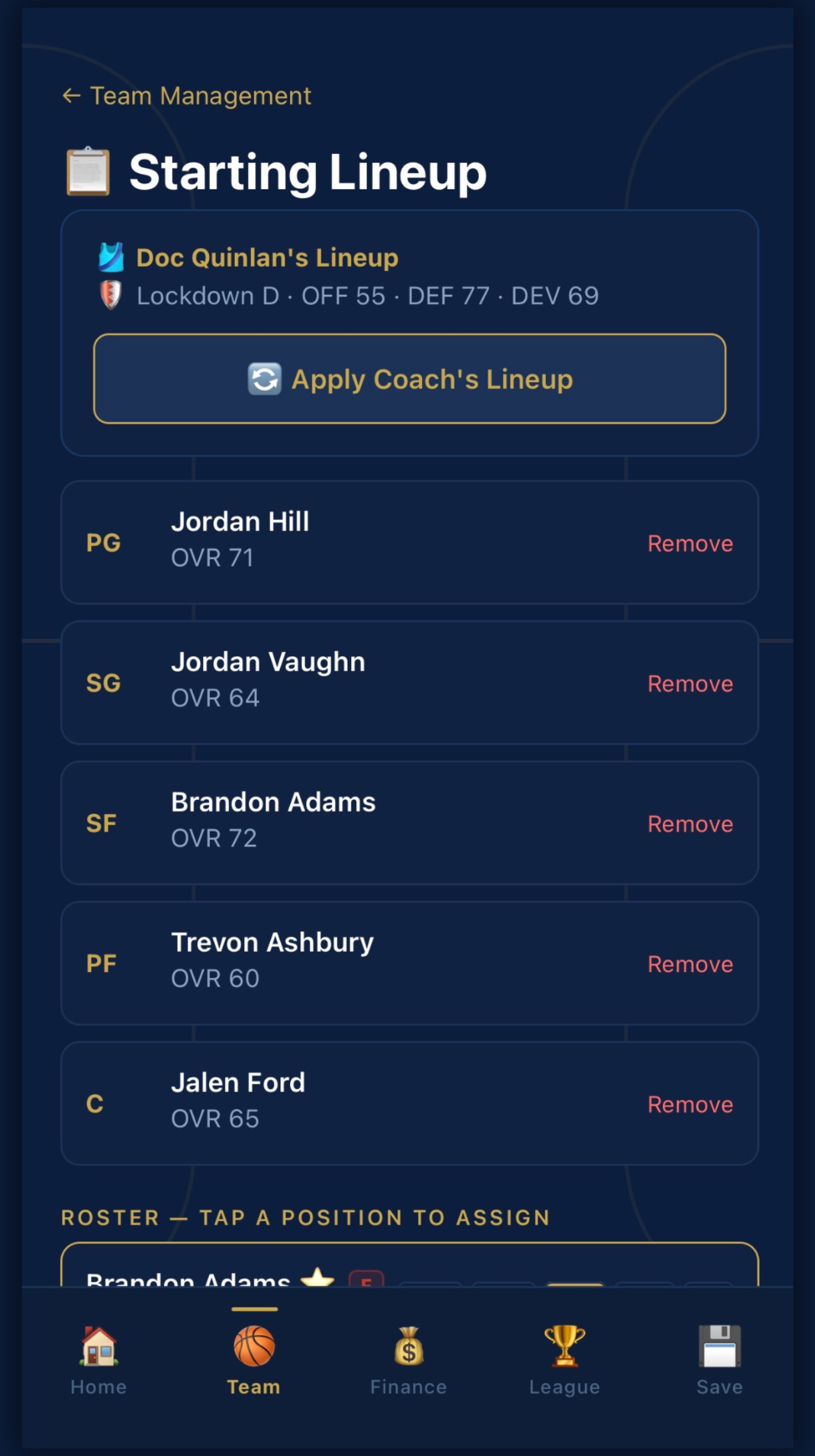 Starting lineup management screen with coach's suggested lineup